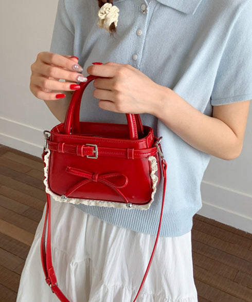 ショルダーバッグ 小さめ フェイクレザー ハンドバッグ スクエア 2way 肩掛けバッグ リボンデザイン 大人かわいい手提げ鞄 レース 斜め掛けカバン フェミニン 77YUEL-002